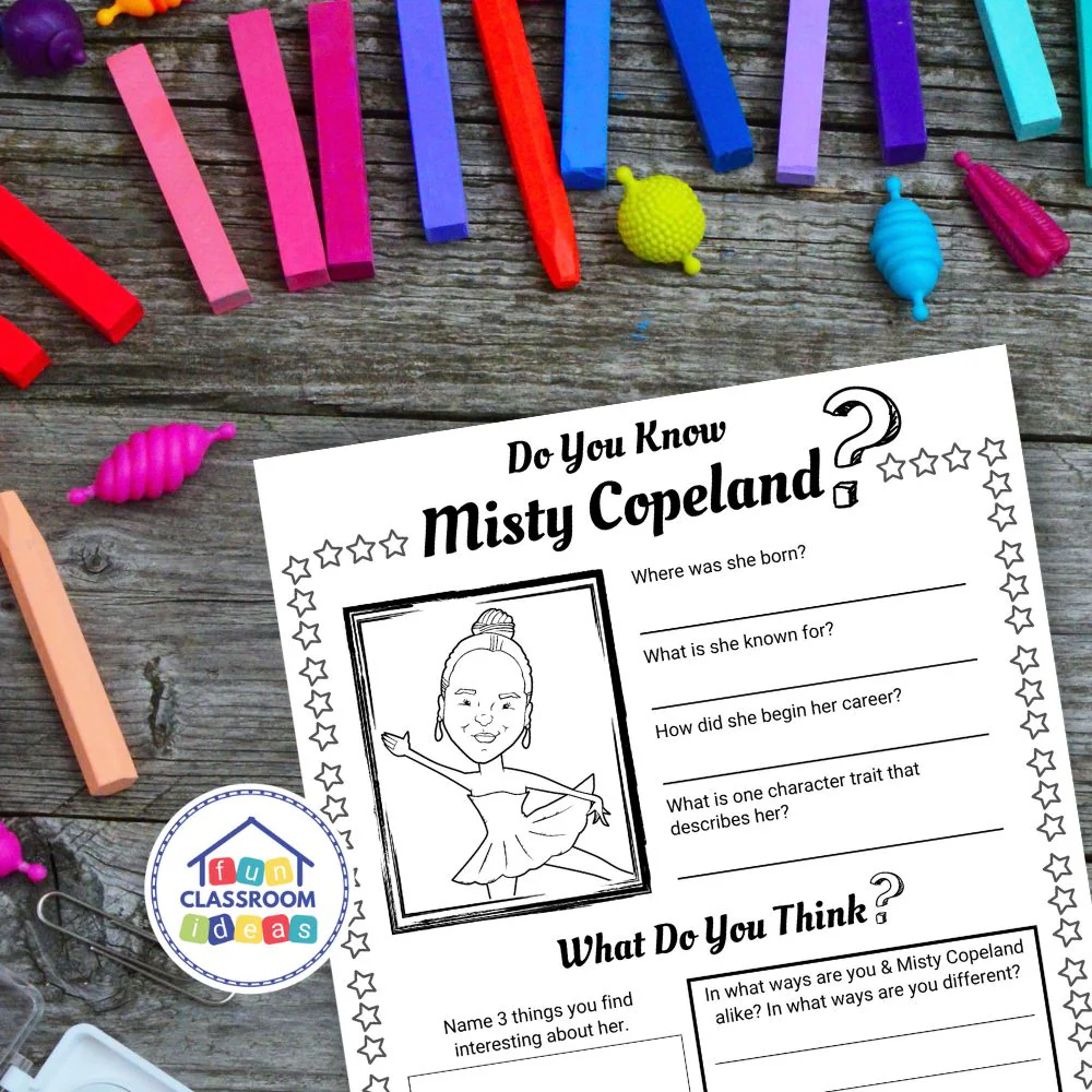 Illustration of the All About Misty Copeland Reader worksheet for Pre-K students