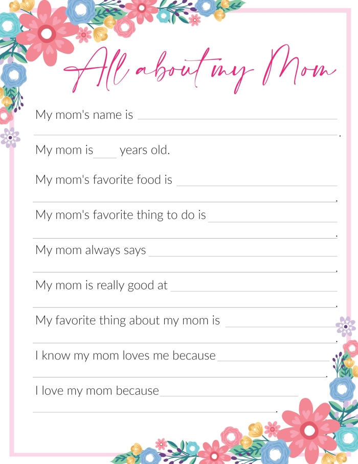 First grade student completing a fill-in-the-blank All About My Mom worksheet with a drawing space