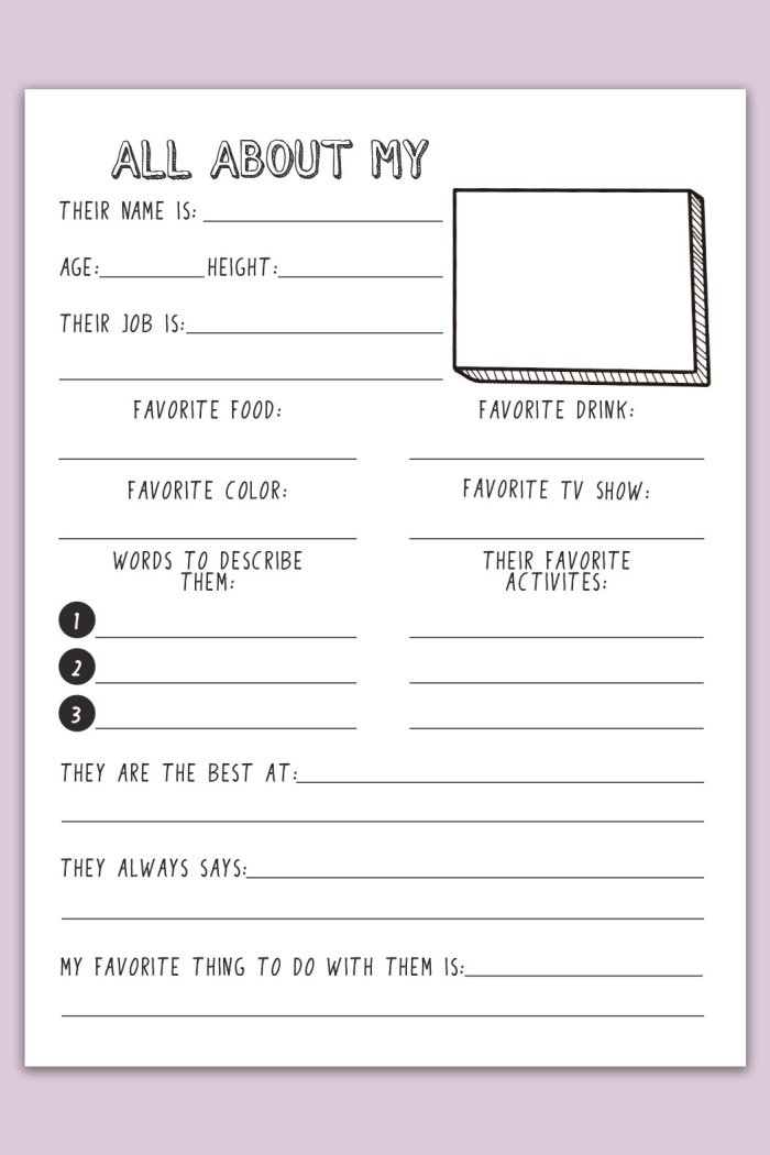 A fill-in-the-blank worksheet for first graders to describe and illustrate their mom for Mother's Day