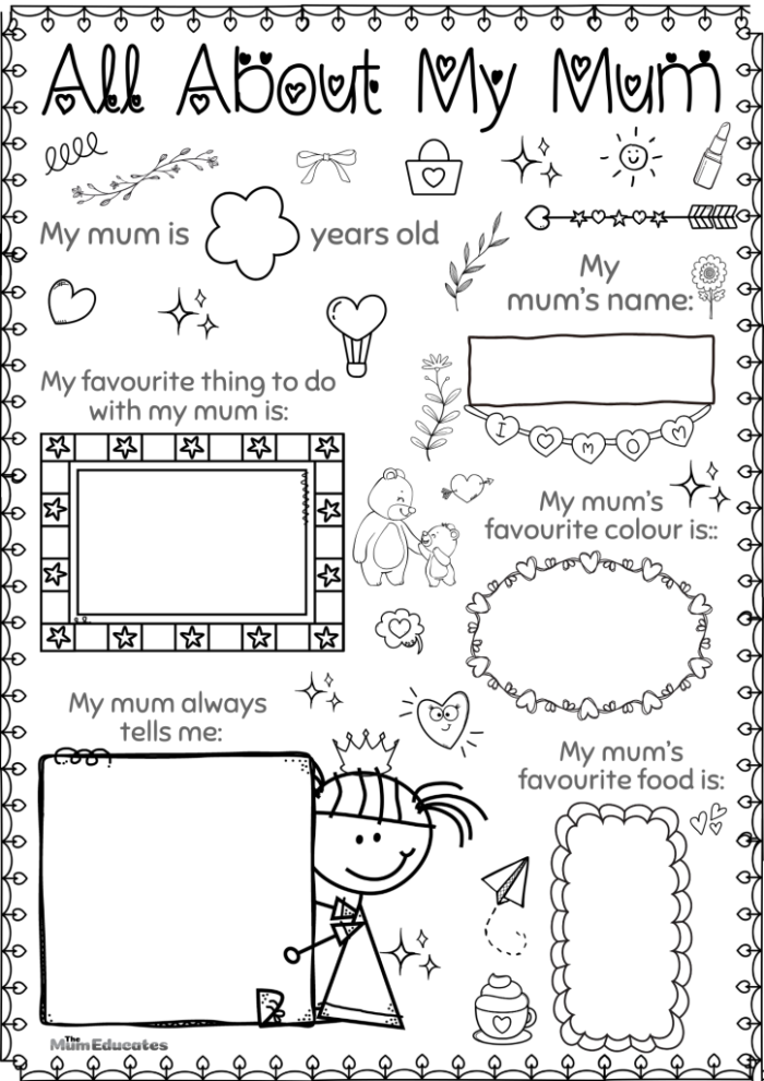 A fill-in-the-blank worksheet for first graders to describe and illustrate their mom for Mother's Day