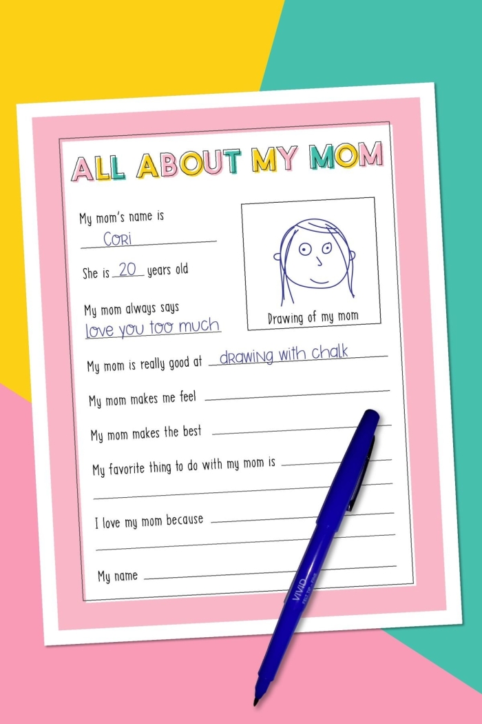 First grade reading worksheet titled All About My Mom for students to write and draw about their mothers