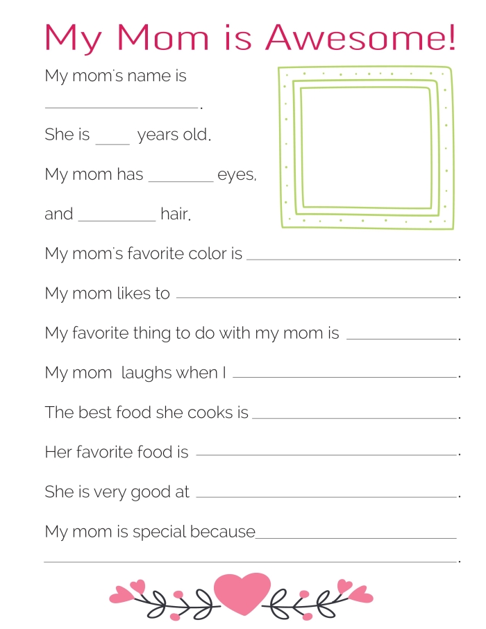 ALT text: Engaging fill-in-the-blank worksheet for first graders to describe and illustrate their mom for Mother's Day.