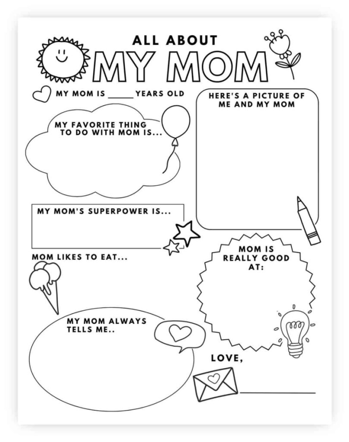 Worksheet for first graders to illustrate and describe their mom for Mother's Day