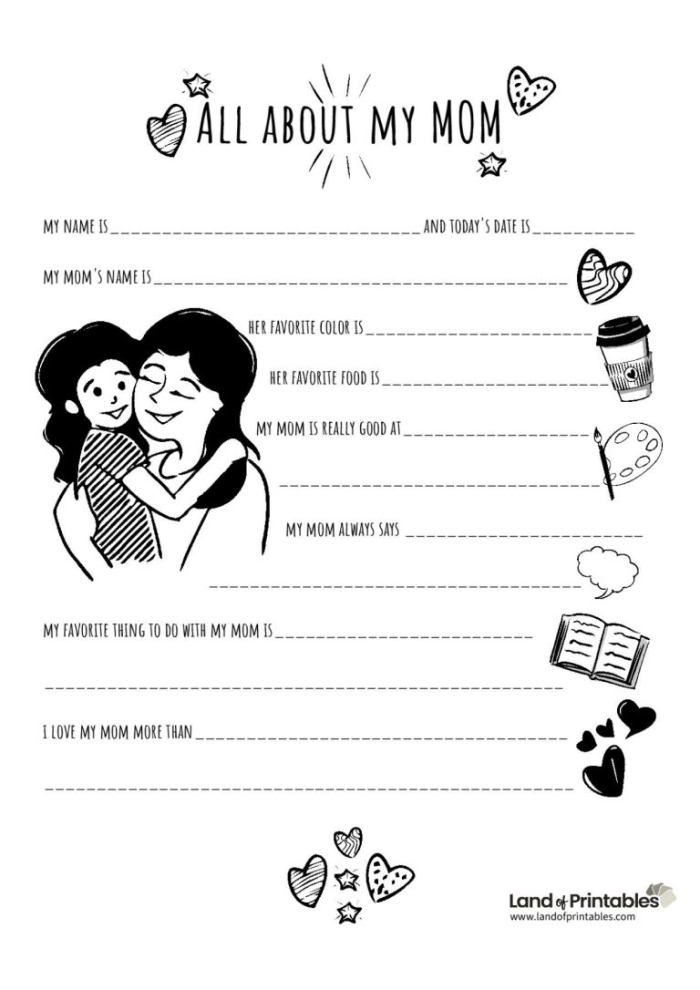 ALT text for a first-grade worksheet titled "All About My Mom" featuring fill-in-the-blank sections for kids to describe and draw their moms.