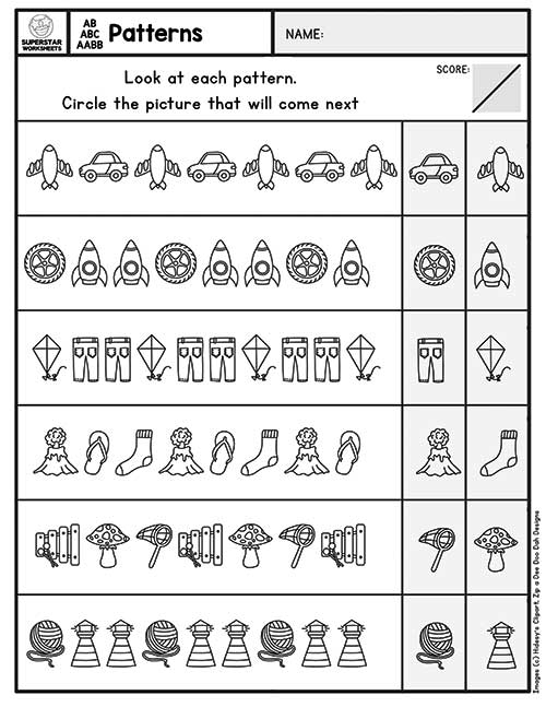 All About Patterns Math Activity for Preschool Learners Image 12 Pre-K students identifying and completing color and shape patterns on a math assessment worksheet