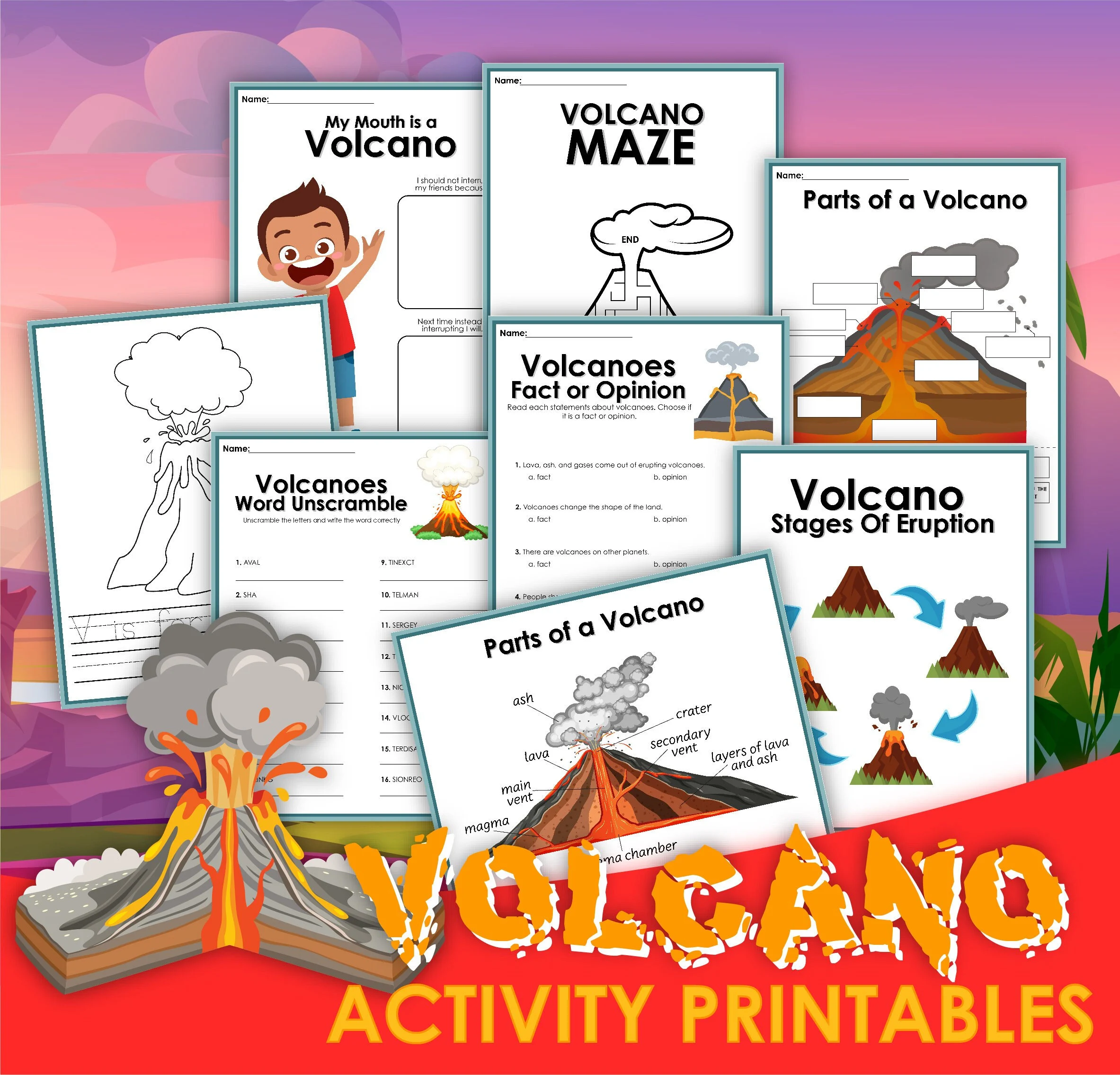 Cutaway diagram illustrating the process of a volcanic eruption for fourth graders