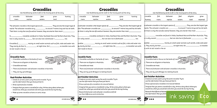 Learn the Differences Between Alligators and Crocodiles While Practicing Addition Facts Third grade addition worksheet featuring alligator and crocodile comparison with math problems to solve
