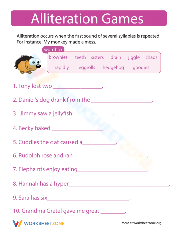 First grade student completing a writing worksheet about alliteration and letter sounds