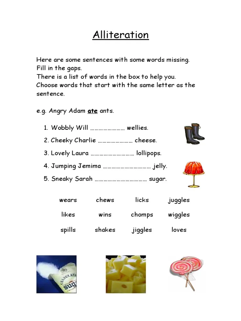 First grade student worksheet featuring fun with alliteration writing exercises