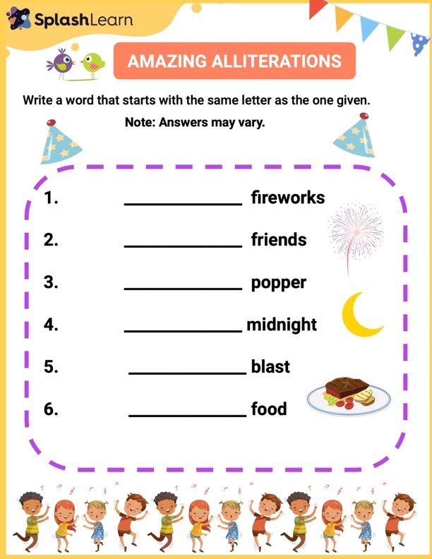Children completing alliteration exercises by filling in missing words that start with the same beginning sounds