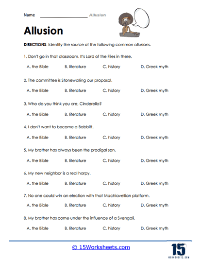Seventh grade worksheet showing students how to define common allusions using context clues in life science sentences