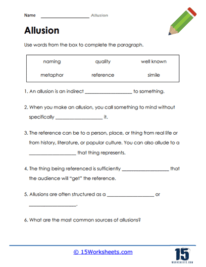A seventh grade student completing a worksheet activity about identifying and understanding common allusions using context clues and background knowledge