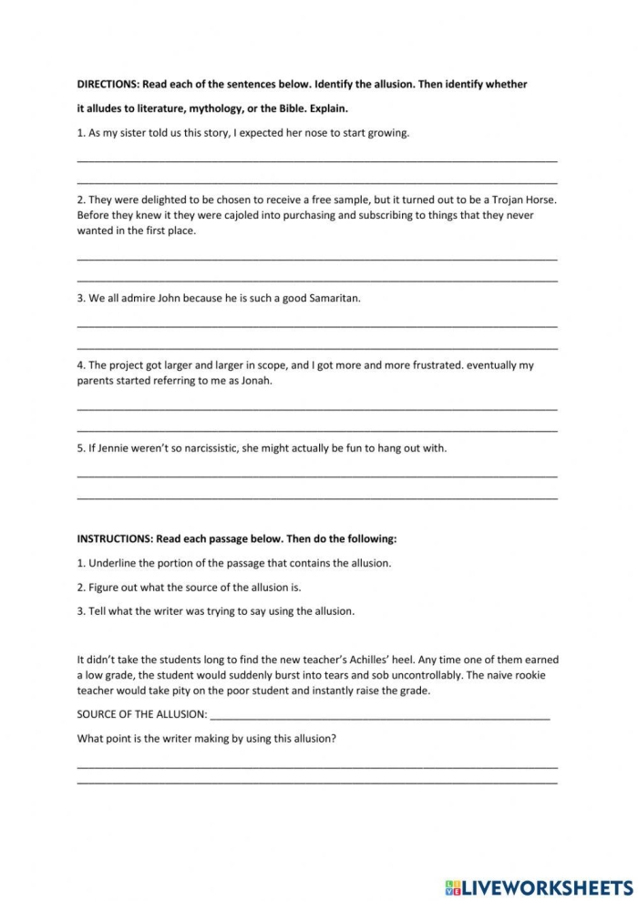Seventh grade students practice identifying common allusions using context clues and background knowledge in this life science worksheet