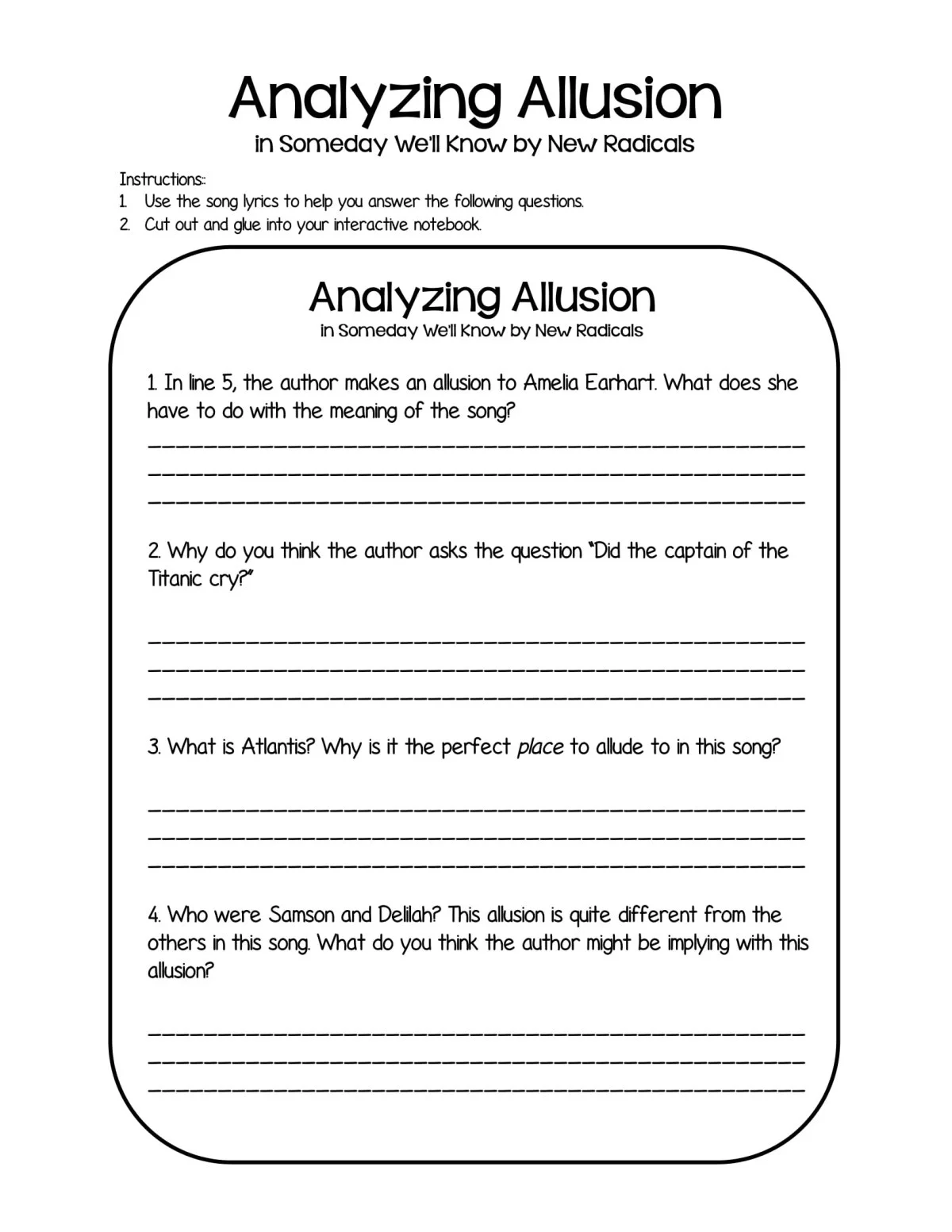 Seventh grade student analyzing context clues to define common allusions in a life science worksheet