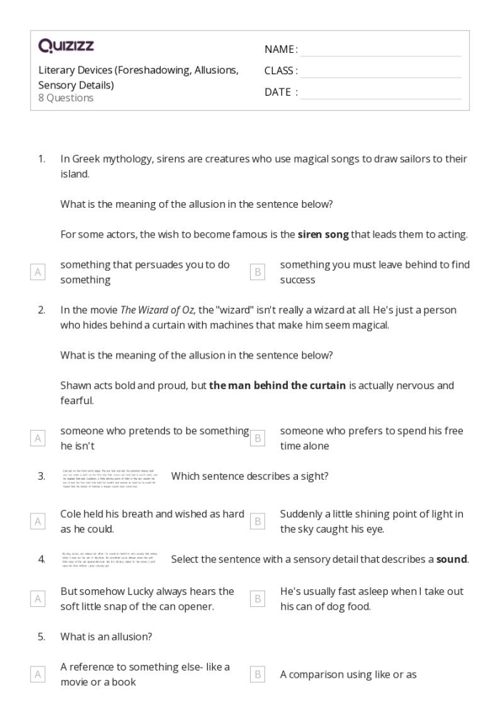 A seventh grade student completes a worksheet exercise identifying the meanings of common allusions using context clues from sentences.