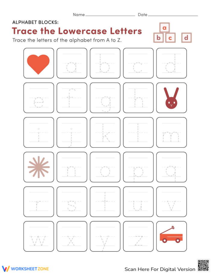 Children tracing lowercase letters A to Z on colorful alphabet blocks worksheet