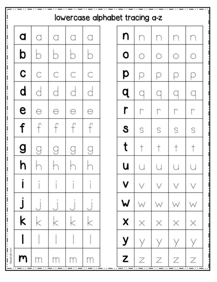 Colorful alphabet blocks worksheet for tracing lowercase letters A to Z for Pre-K children