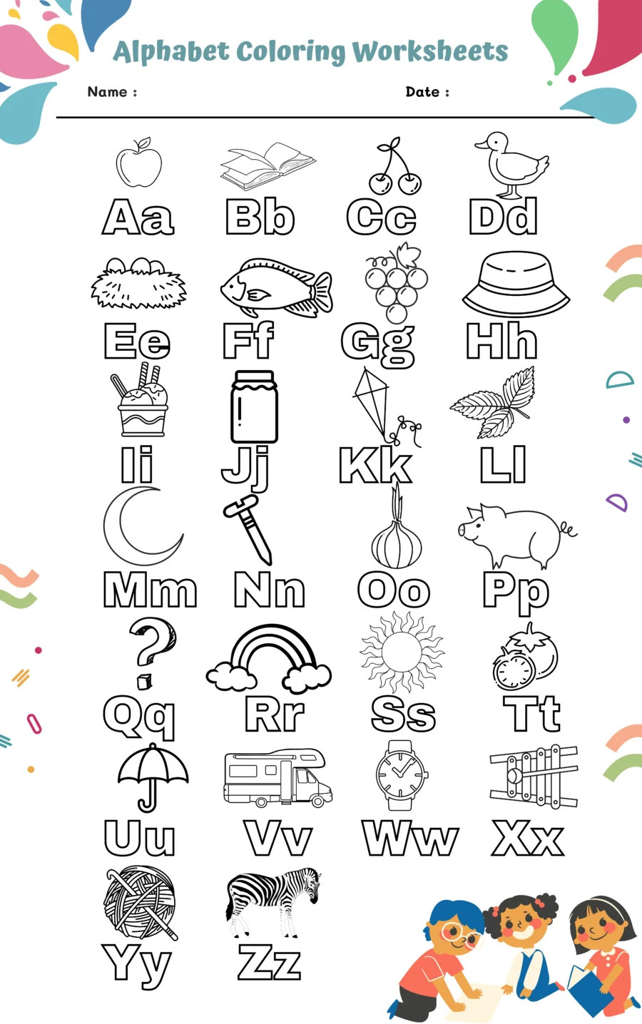 Engaging ABCs coloring worksheet for Pre-K students Alphabet coloring page designed for preschoolers to enhance letter recognition and fine motor skills