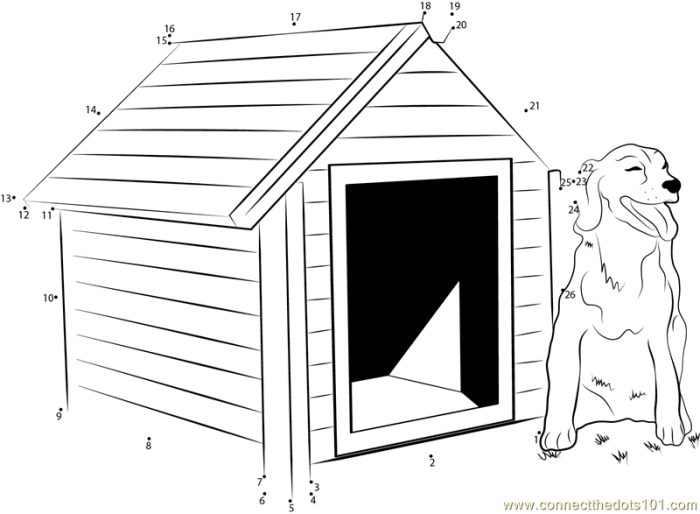 Fun dog house dot-to-dot activity to help kids learn their ABCs Alphabet Dot-to-Dot worksheet featuring a dog in a doghouse for preschoolers