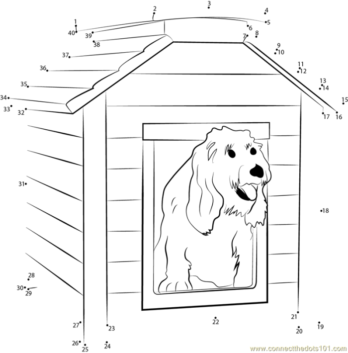 Fun ABCs learning activity with a dog house dot-to-dot coloring page for young children Alphabet Dot-to-Dot worksheet featuring a dog inside a doghouse for Pre-K learners
