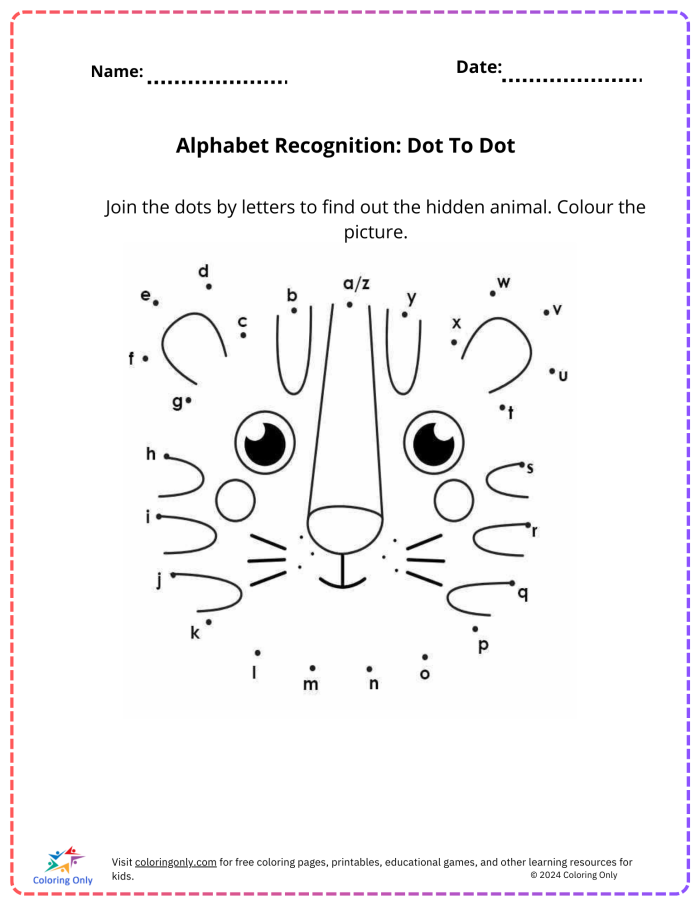 Fun dog house dot-to-dot activity to help young learners practice their ABCs Alphabet Dot-to-Dot worksheet featuring a playful dog inside a doghouse for Pre-K kids