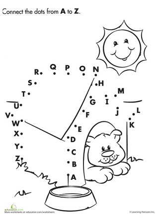 English Language Arts worksheet for Pre-K Alphabet Dot-to-Dot worksheet featuring a playful dog inside a doghouse for preschoolers. Engaging dot-to-dot activity to help children learn their ABCs.