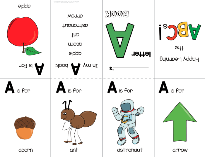 Kindergarten student creating an alphabet mini book with colorful letter templates and pictures