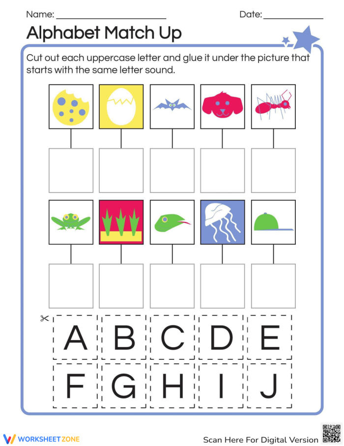 Alphabet Match Up activity for letter recognition and sound correspondence practice Kindergarten student matching uppercase and lowercase letters with picture clues on alphabet worksheet