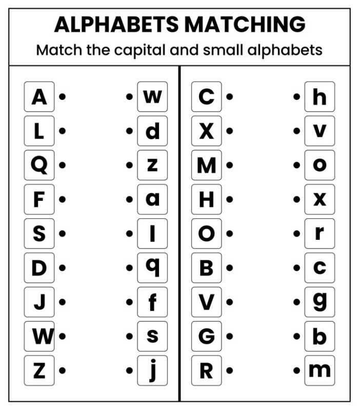Alphabet Match Up Worksheet 17 Letter Sound Correspondence Activity Kindergarten student matching uppercase and lowercase letters with picture clues for letter sounds