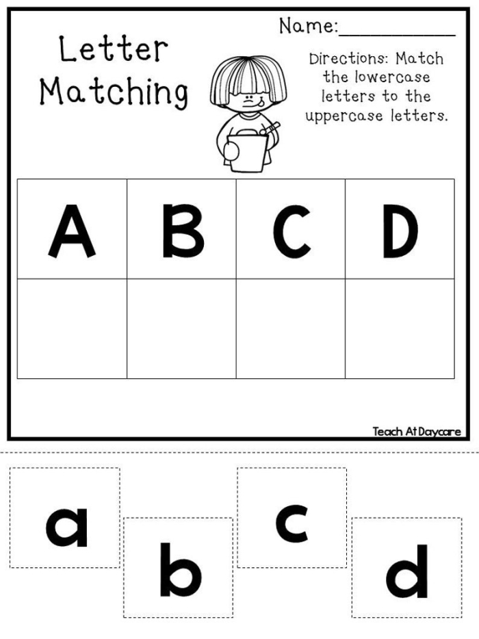Alphabet Match Up Exercise 22 for Letter Sound Recognition Practice Kindergarten student matching uppercase and lowercase letters with picture clues on an alphabet worksheet activity