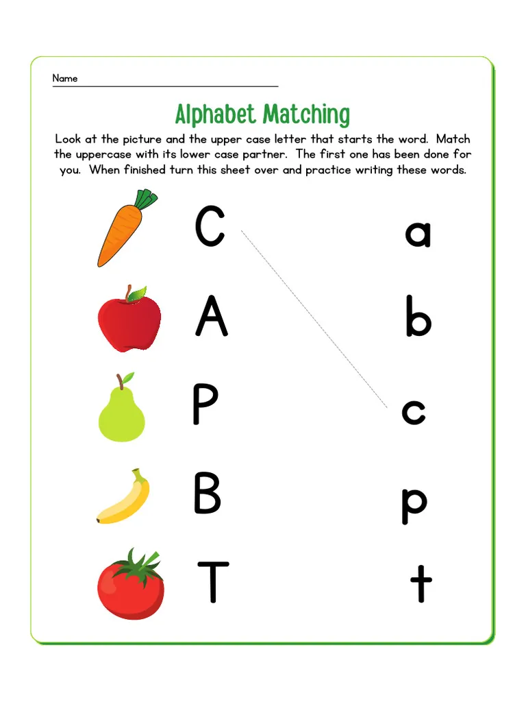 Alphabet Match Up activity for letter recognition and sound correspondence practice Kindergarten student matching uppercase and lowercase letters with picture clues on alphabet worksheet