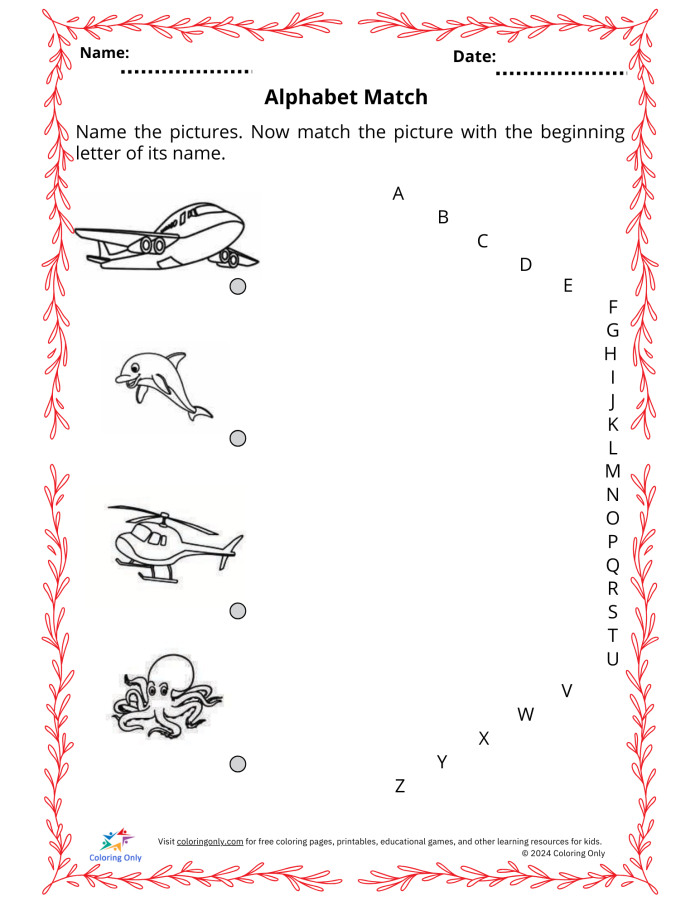 Alphabet Match Up Activity 18 for Early Letter Recognition Practice Kindergarten student matching uppercase and lowercase letters with pictures on an alphabet worksheet