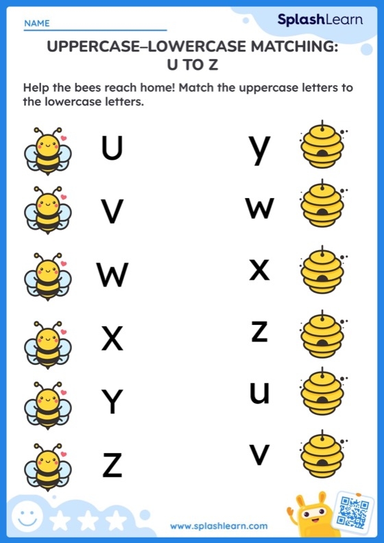 Preschooler matching uppercase and lowercase letters on a fun puzzle themed alphabet activity page