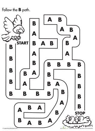 Kindergarten worksheet featuring an alphabet maze for children to trace the path from letters A to K
