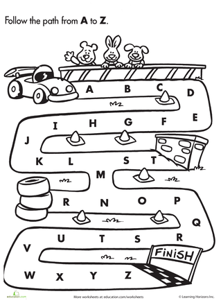 Worksheet featuring a maze for preschoolers to connect letters A to Z for alphabet learning
