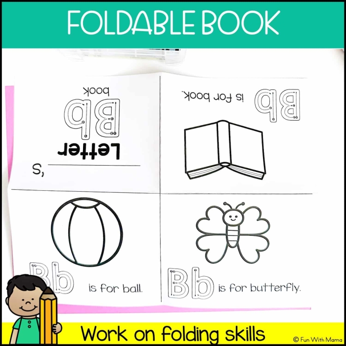 Kindergarten student cutting out and folding a letter D page for their DIY alphabet mini book worksheet