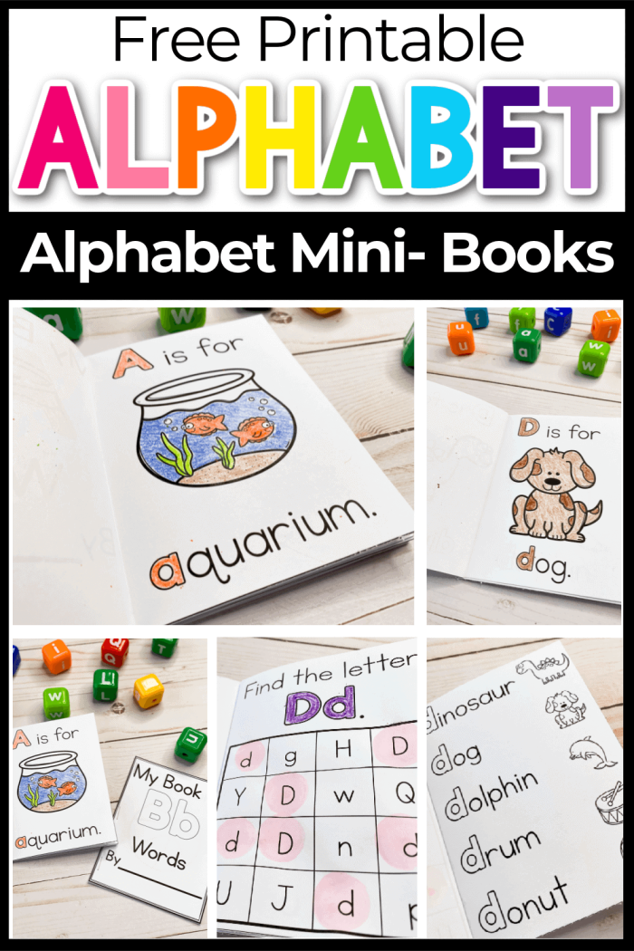 Kindergarten student creating a colorful alphabet mini book with letter templates and illustrations