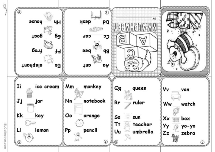 Kindergarten student coloring a printable alphabet mini book worksheet