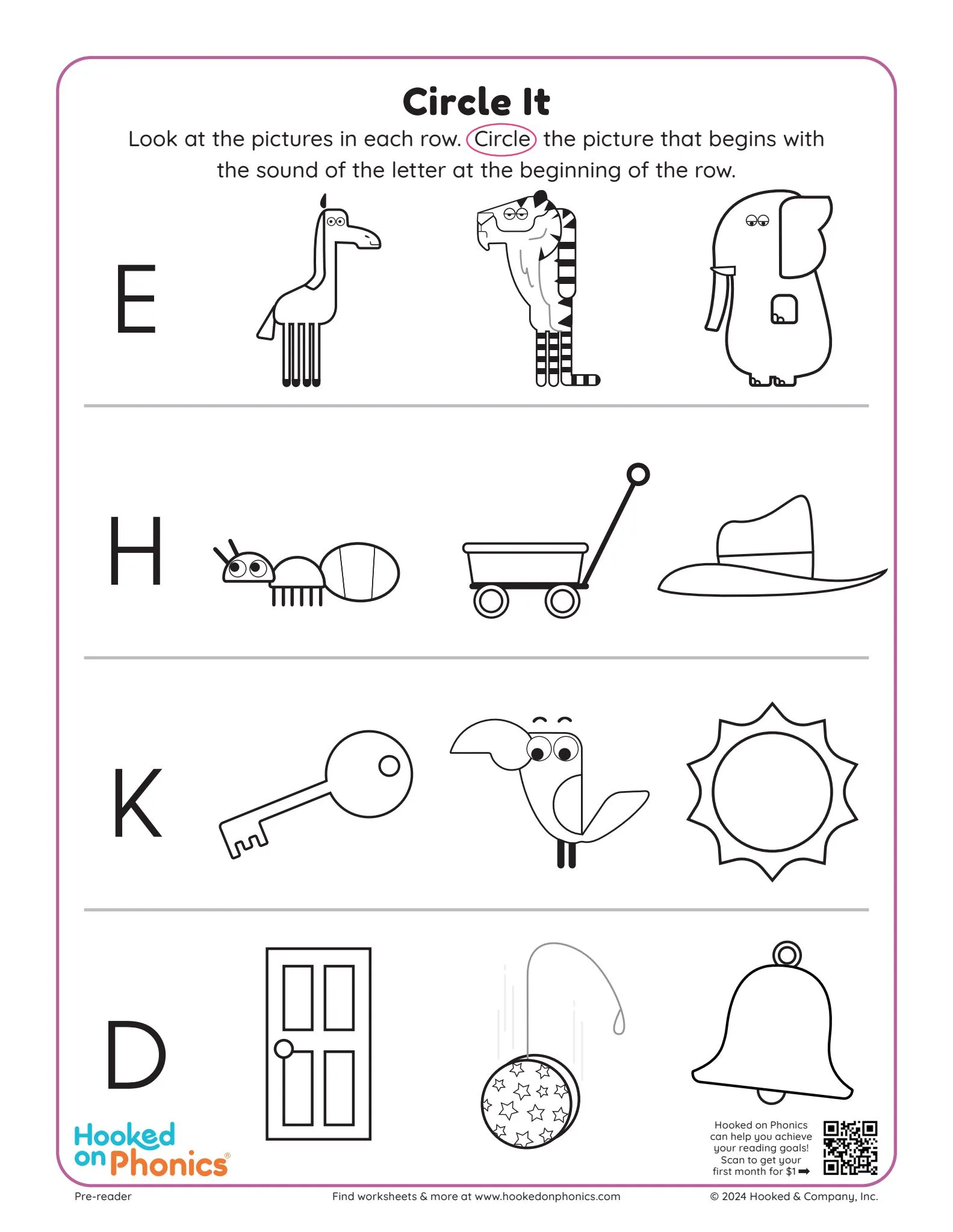 Worksheet for practicing alphabet phonics with words that start with A for Pre-K kids