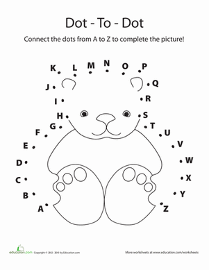 Fun dog house dot-to-dot activity to help children practice their ABCs Colorful Alphabet Dot-to-Dot worksheet featuring a dog in its doghouse for Pre-K learners