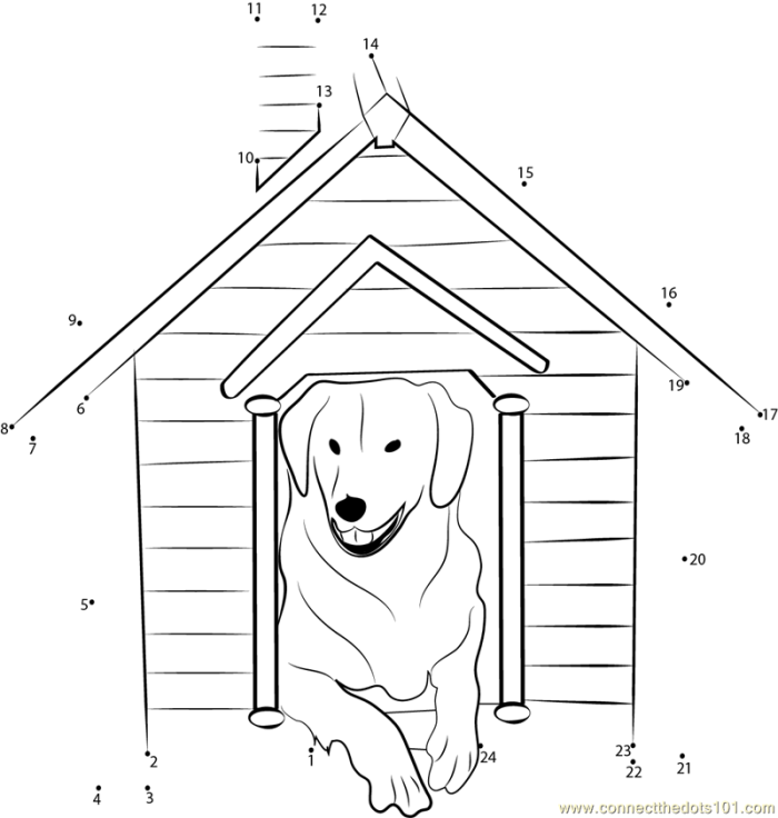 Alphabet Dot-to-Dot Dog House Worksheet Number 4 Pre-K Alphabet Dot-to-Dot Dog House worksheet featuring a cute puppy in its home