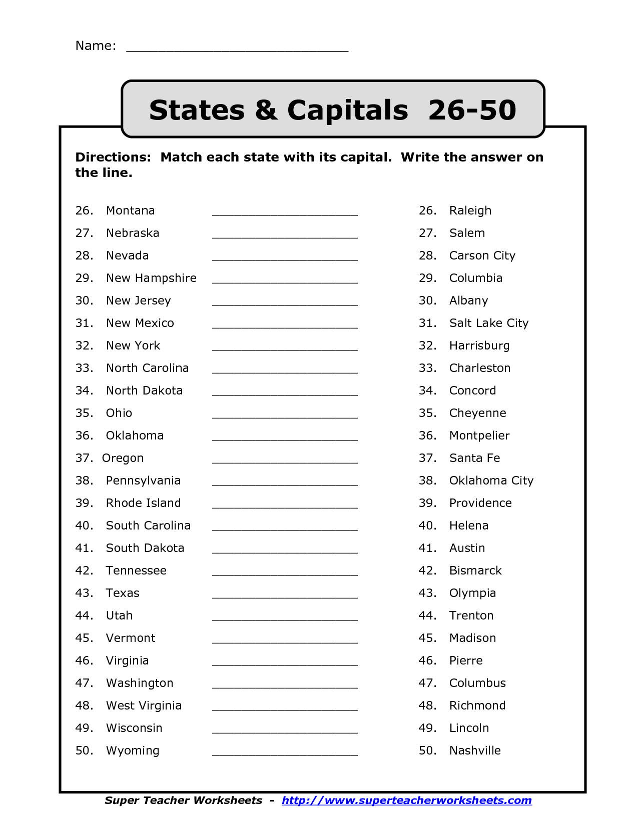 Fifth grade students arranging scrambled state names in alphabetical order on a worksheet activity