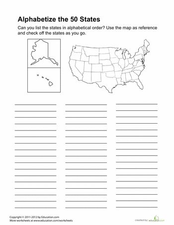 Worksheet for alphabetizing all 50 states in the U.S. for third graders