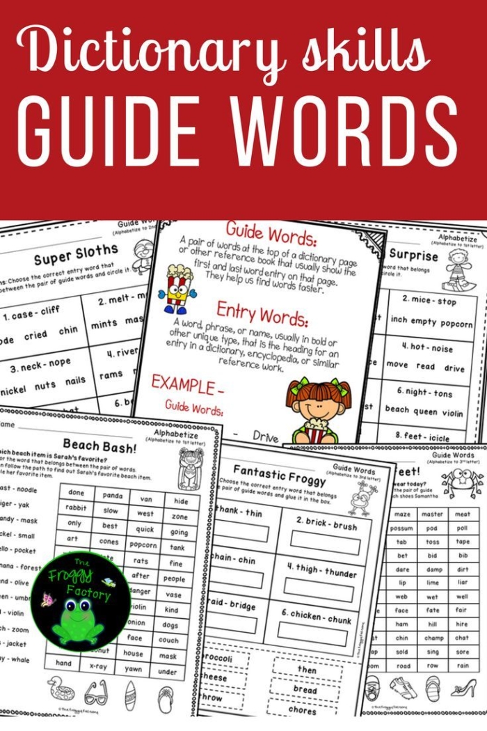 Second grade student practicing dictionary alphabetizing and guide word matching