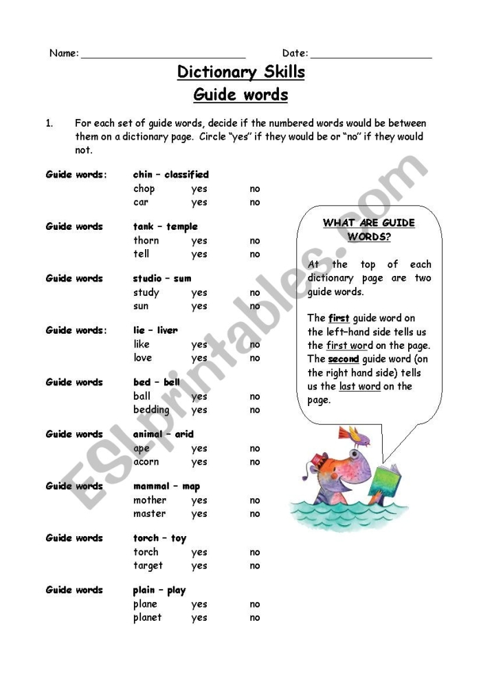 Second grade worksheet showing students how to identify dictionary guide words for vocabulary practice