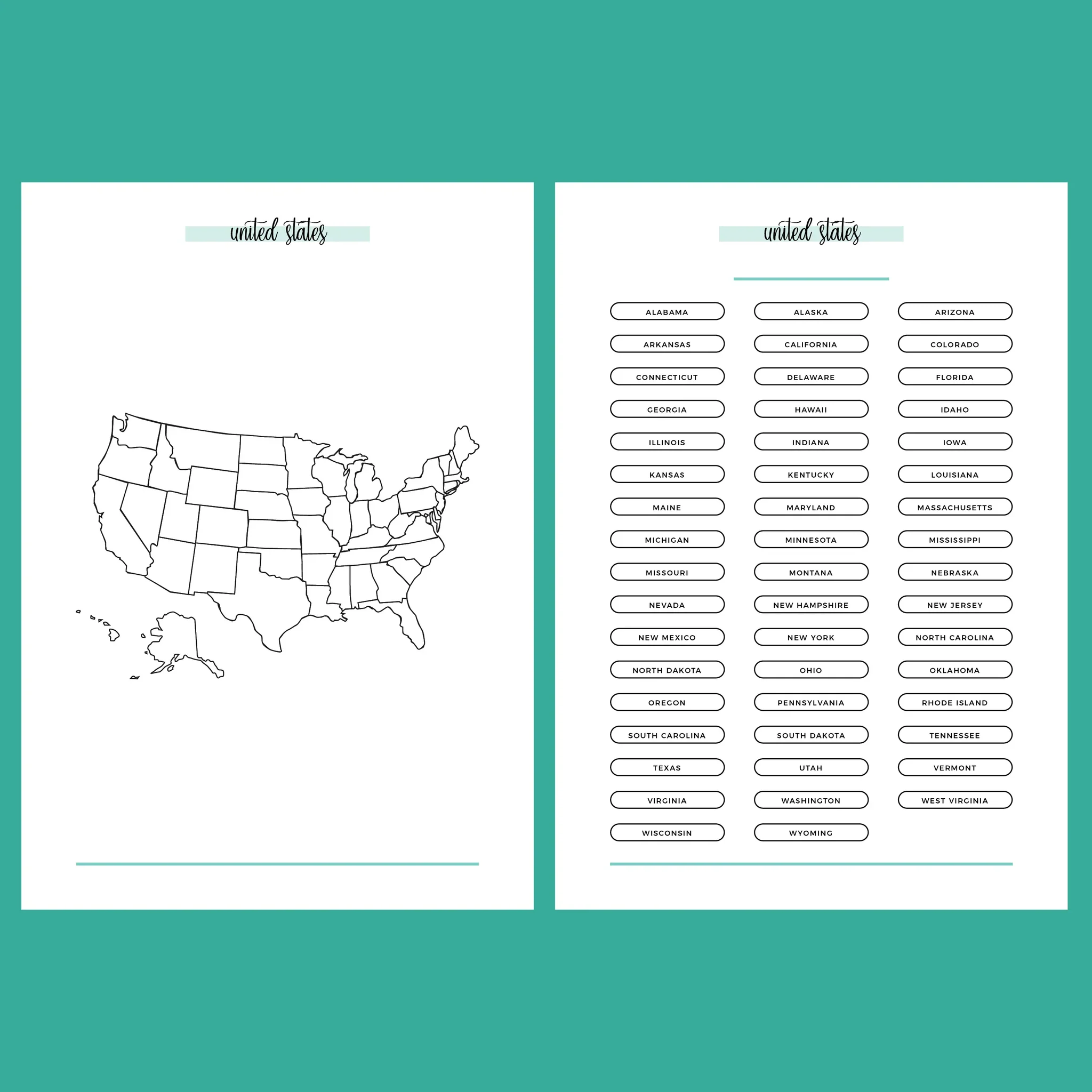 Third grade student working on an alphabetize the 50 states geography worksheet