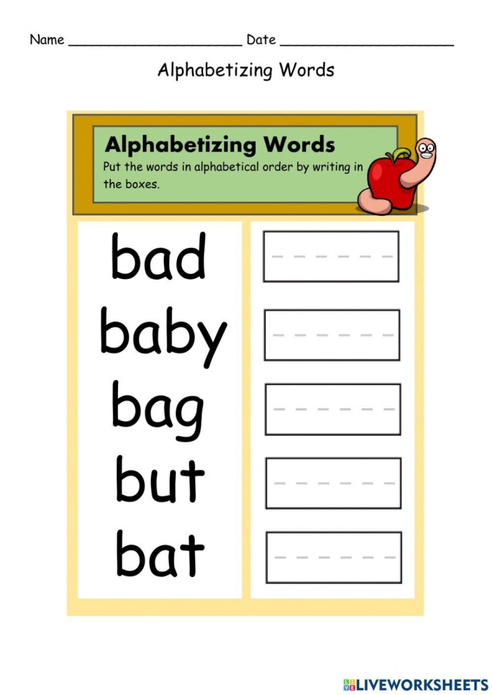 First grade worksheet on alphabetizing words, designed to enhance students' reading skills Alphabetizing Words 1 worksheet for first graders to practice their ABCs and word order