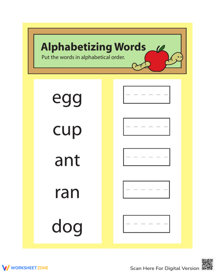 Alphabetizing Words 1 worksheet for first grade students in physical science Worksheet for alphabetizing words suitable for first graders learning their ABCs