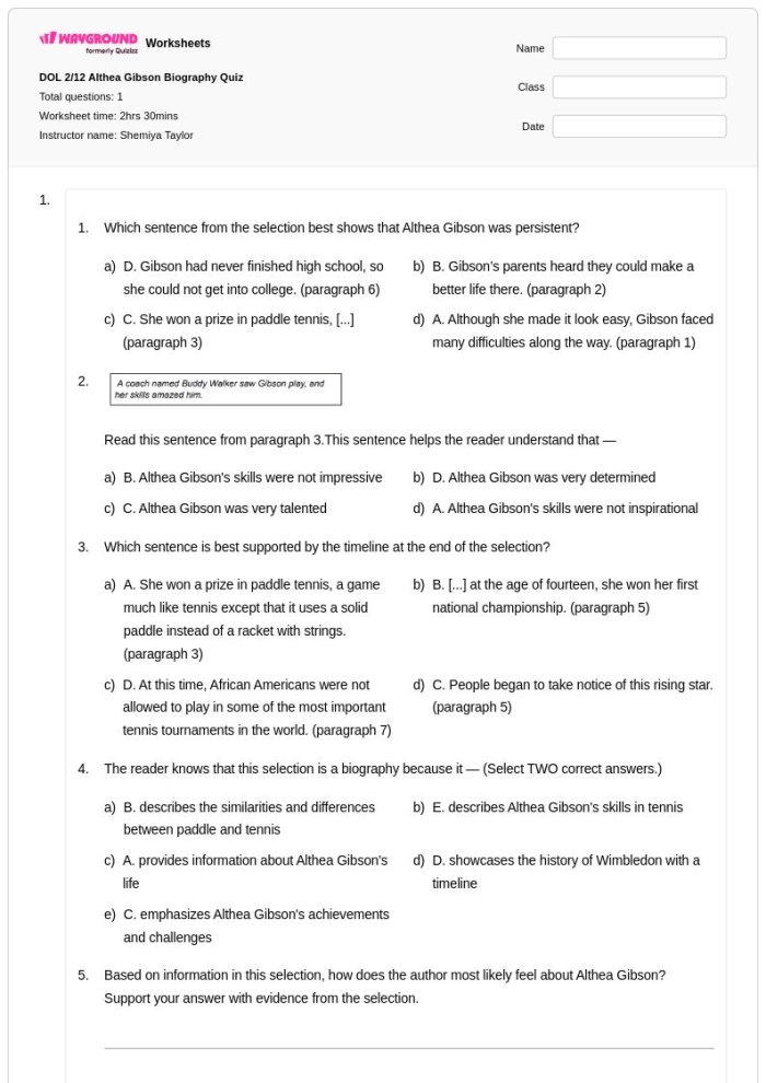 Worksheet featuring reading comprehension questions about Althea Gibson's biography for sixth graders