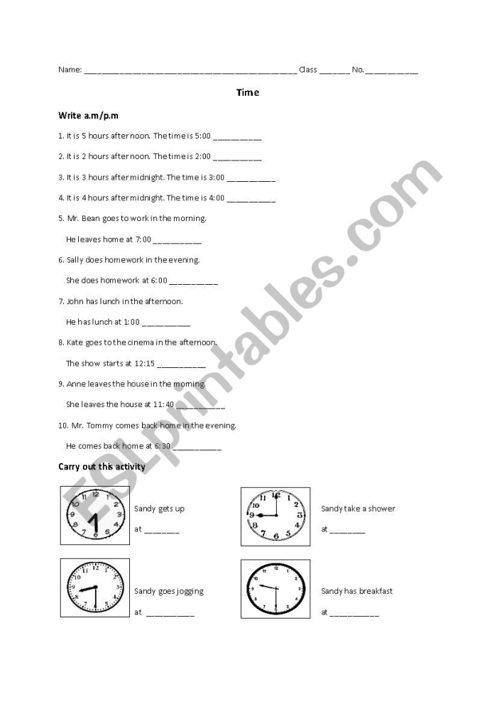 Second grade math worksheet showing analog clocks with AM and PM times for students to practice reading time to the nearest five minutes